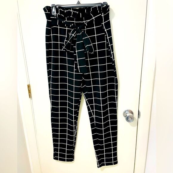 SHEIN MOOSTA Grid Print Paperbag Waist Belted Wide Leg Pants geometric XL sz 12 - Picture 1 of 8